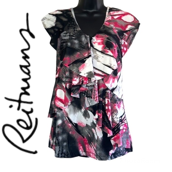 Reitmans Pink/Black And White Ruffle Front Top Size XL - Picture 1 of 13